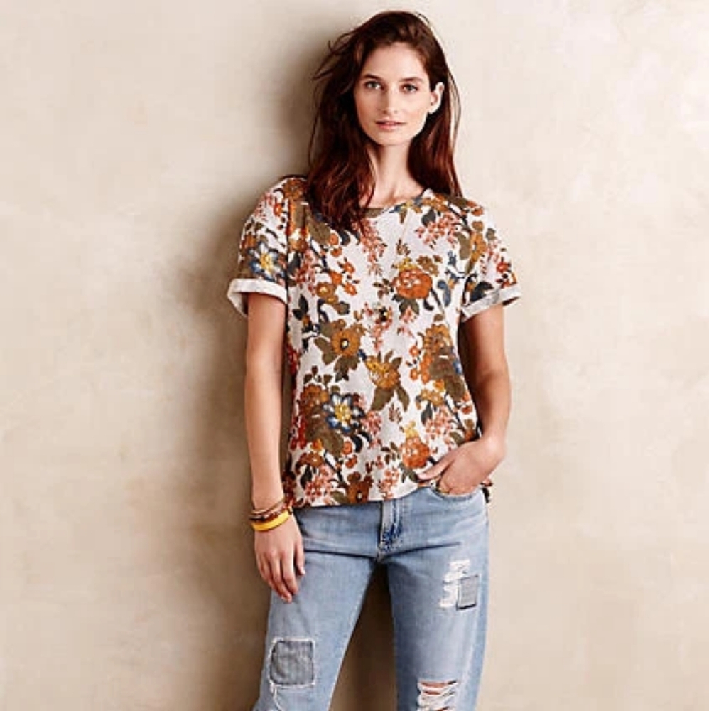 SaturdaySunday Anthropologie Floral Button-Up Top Short Sleeve Size Small
